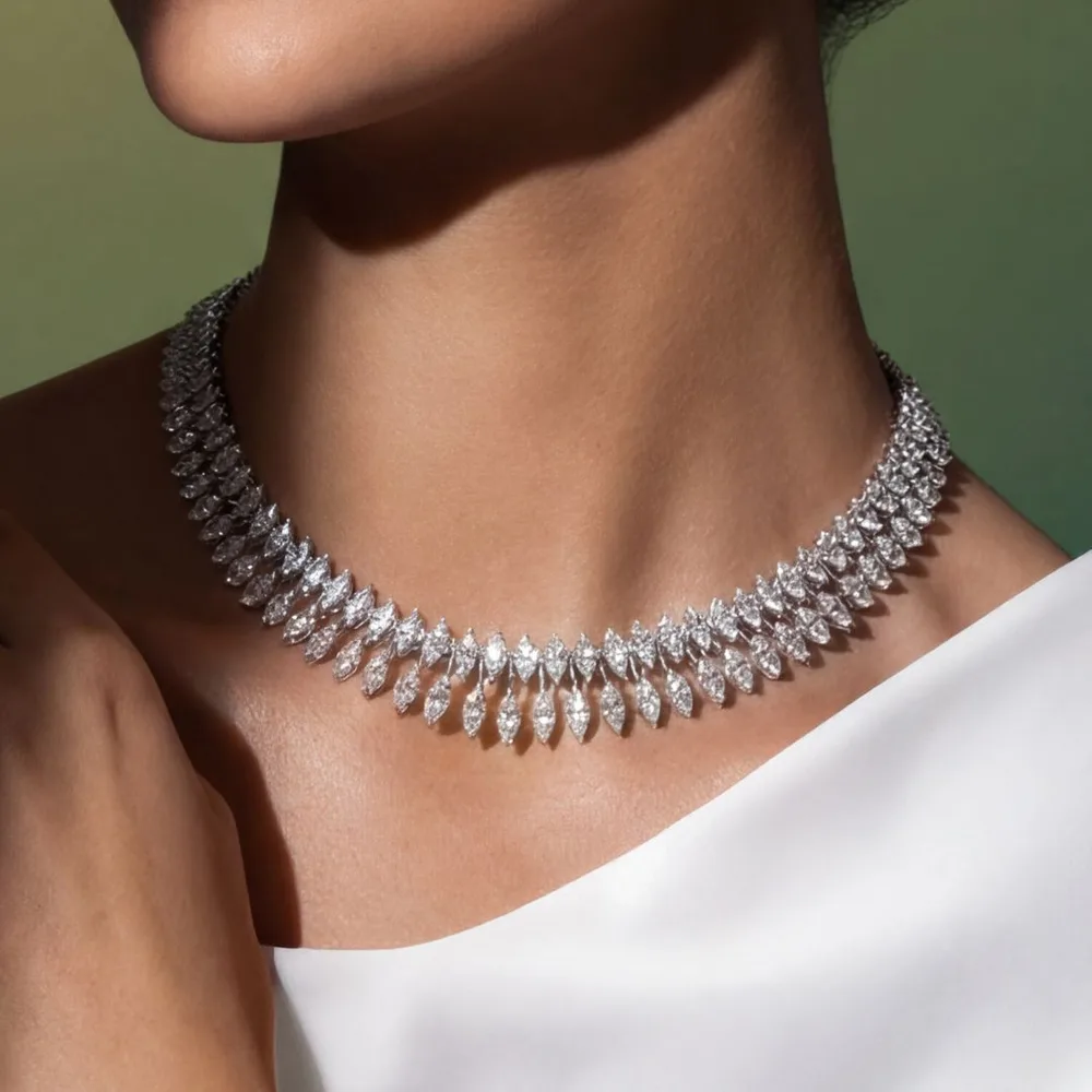 Diamond fringe necklace on white gold, square crop